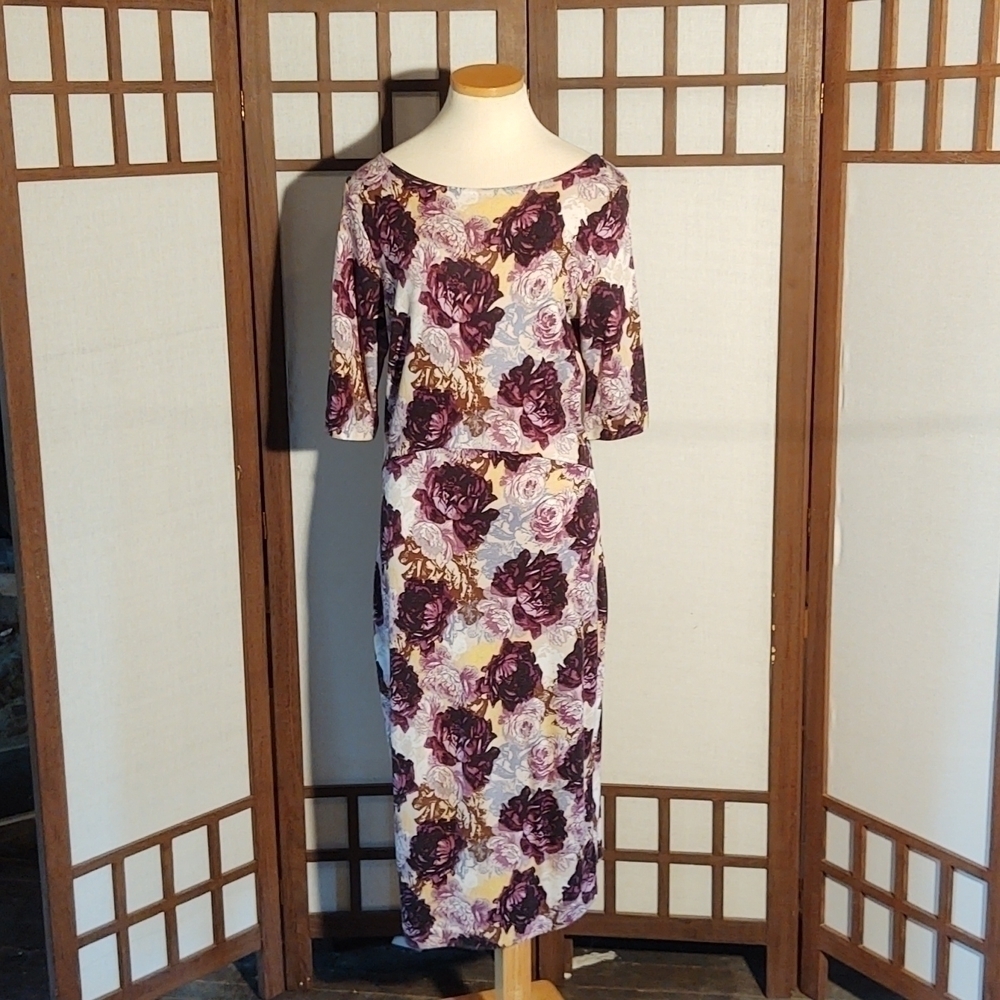 G.I.L.I. Purple Rose Pattern Midi Dress Sz S